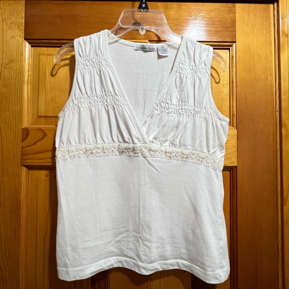 3/$20 White Sleeveless Top with lace and sequin embellishments